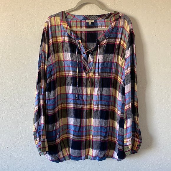 Talbots Tops - Talbots Womens Blouse Plaid Plus Size 3X Long Sleeve V Neck Drawstring Top
